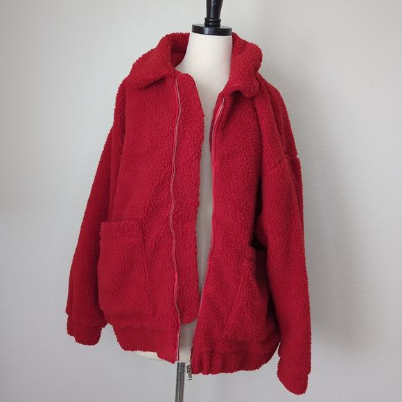 I.AM.GIA Women's Pixie Teddy Coat Medium Oversize Sherpa Jacket Red Fuzzy Fleece - Picture 8 of 10